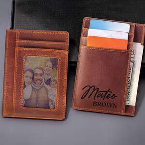 Cartera minimalista personalizada, hecha a mano, regalo grabado para él, regalo de cumpleaños, cartera de cuero