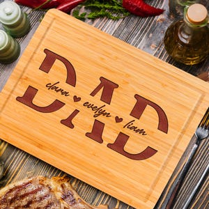 Dad Cutting Board Personalized Custom Engraved With Kids Names Unique Fathers Day Gift for Grill Master Dad BBQ King or Kitchen Hero