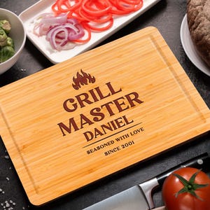 Custom Grill Master Cutting Board Personalized BBQ Gift for Dad Husband Boyfriend Fathers Day Gift for Him Birthday Gift for Grill Lovers