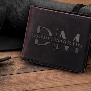 Cartera de cuero de grano completo personalizada, regalo de aniversario y Navidad personalizado para él, carteras personalizadas grabadas para hombres, novios, padrinos de boda