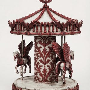 May include: A decorative carousel featuring a white and red color scheme with skeletal winged horses. The structure is adorned with bat motifs, ornate scrollwork, and a central pillar decorated with red bat patterns and intricate filigree details.