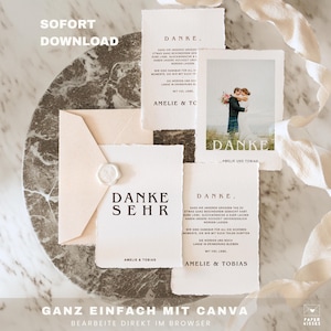 May include: A collection of wedding stationery, including cards and an envelope, arranged on a marble surface. The cards feature elegant typography and a photograph of a couple. The words "SOFORT DOWNLOAD" and "DANKE" are visible.