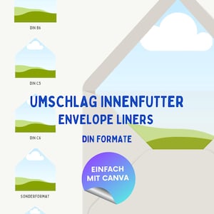 Könnte beinhalten: Ein hellgrauer Umschlag mit dem Text "ENVELOPE LINERS" und "DIN FORMATE". Das Bild enthält Illustrationen verschiedener Umschlaggrößen, wie DIN B6, DIN C5, DIN C6, Sonderformat und DIN LANG. Ein Aufkleber sagt "EINFACH MIT CANVA".