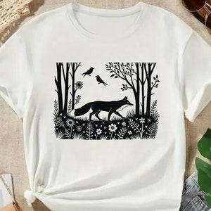 Folklore Forest Fox Lino Print Shirt, Vintage Forestcore TShirt, Folk Art Linocut Fox T-Shirt, Cottagecore Aesthetic Tee