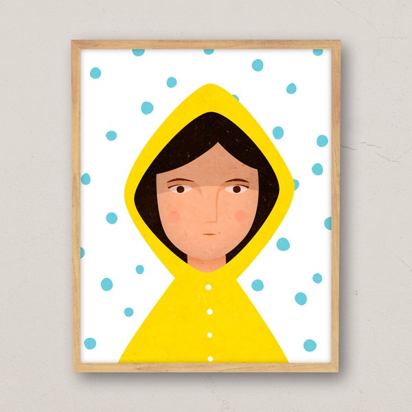 Raincoat, Girl, Rain, Yellow, Wall Art, Wall Decor, Printable Wall Art, Print, Digital Download, Colorful, Living Room, Nursery Room, Boho