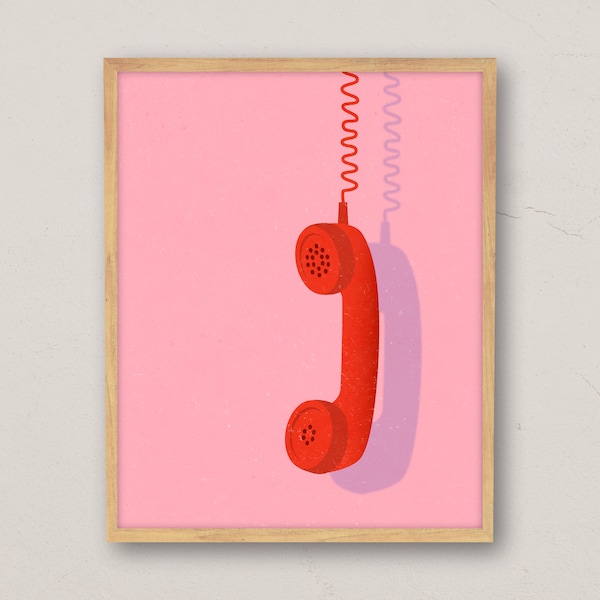 Hanging Phone, Retro, Red, Pink, Wall Art, Wall Decor, Printable Wall Art, Print, Poster, Digital Download, Living Room, Kids Room, Boho