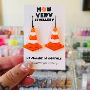 Handmade traffic cone earrings, gift for bestie, statement earrings, neon jewellery, goblincore jewellery, lightweight earrings