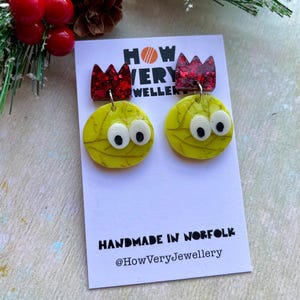 Handmade silly red hat sprouts earrings, brussels sprout, wacky earrings, secret Santa gift, gift for friend, lightweight jewellery