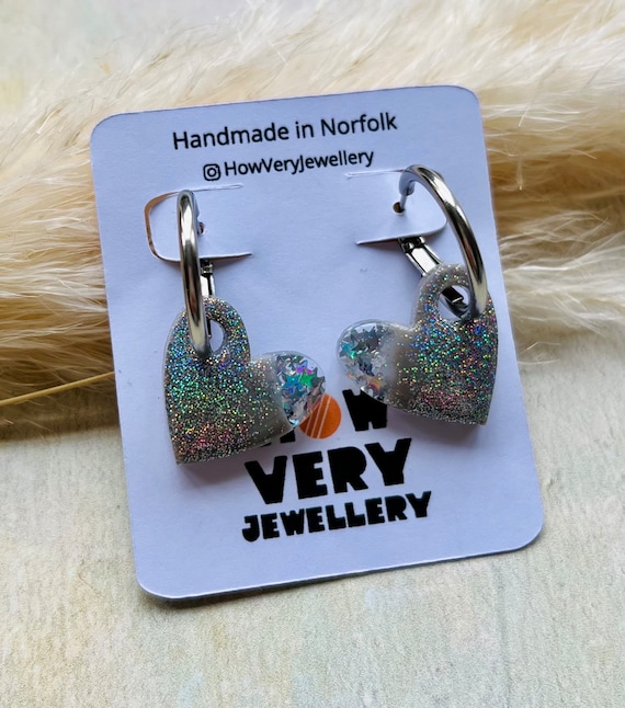 Holographic Heart Huggie Earrings: Handmade Hypoallergenic Disco Hoops - Main Image