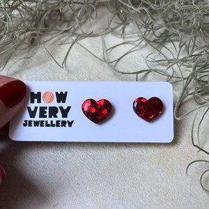 Ruby red heart stud earrings, every day earrings, earrings for wife, cute jewellery