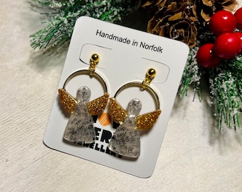 Mixed media angel earrings, angel earrings, Christmas jewellery, Christmas carol earrings