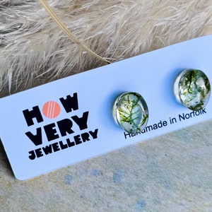 May include: A pair of clear, round stud earrings containing green plant matter. The earrings are presented on a white card with the text "HOW VERY JEWELLERY" and "Handmade in Norfolk". A nature-themed jewellery item.