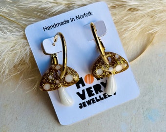 Handmade Gold Glitter Fly Agaric Mushroom Hoop Earrings | Goblincore Jewellery