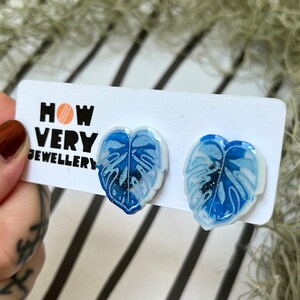 Handmade Monstera Leaf Stud Earrings: Blue Resin Plant Jewellery