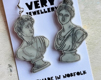 Handmade Marble Effect Greek Rome Bust Earrings | Museumcore Art Jewellery
