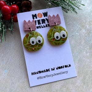 Handmade silly pink hat sprouts earrings, brussels sprout, wacky earrings, secret Santa gift, gift for friend, lightweight jewellery