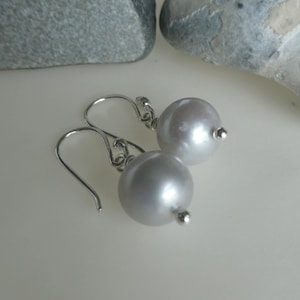 Silver grey freshwater pearl and sterling silver handmade hook earrings