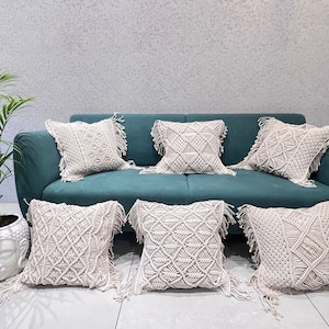 Aamivi Boho Macrame Pillow Cushion Cover Pillowcase Knitted Pillow Cover Premium Design 16” X 16” Standard Size.