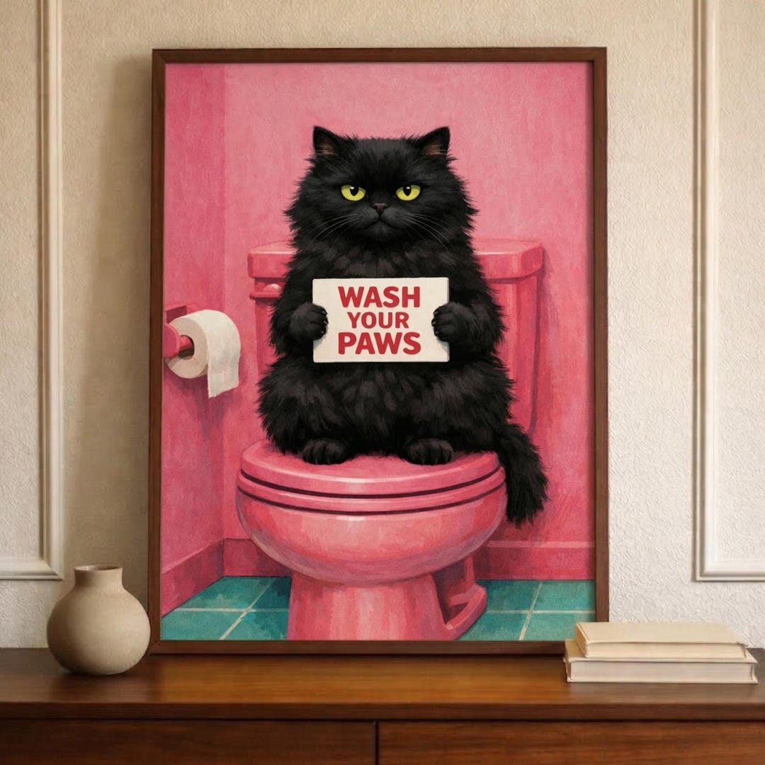 Funny Black Cat on Pink Toilet Bathroom Wall Art / Wash Your Paws Cat ...