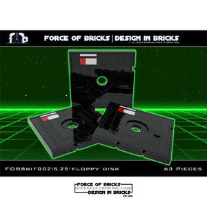 May include: Three black 5.25 inch floppy disk models made of LEGO bricks. The disks are stacked on top of each other. The text "FOB8BITO02 5.25" FLOPPY DISK" and "63 PIECES" is printed below the disks. The text "FORCE OF BRICKS | DESIGN IN BRICKS" is printed at the top of the image.