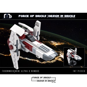 Op de afbeelding: Een wit, rood en grijs LEGO-model van een Star Wars Alpha-3 Nimbus-sterrenjager. Het model is gebouwd met 187 onderdelen en maakt deel uit van de Force of Bricks-collectie.