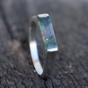 Natural Moss Agate Bar Ring, Rectangle Bar Ring, 925 Silver  Ring, Engagement Ring, Dainty Weeding Rings, Anniversary Gift For Women's