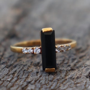 Natural Black Onyx Gemstone Silver Ring, Bohemian Baguette Promise Ring, Stackable Genuine Gemstone Ring,925 Sterling Silver Engagement Ring