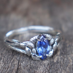 Nature Leaves Inspired Marquise Blue Sapphire Ring, Tree Branch Ring, 925 Sterling Silver Ring, Gemstone Ring, Tree Textured Ring