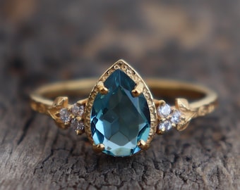 Blue Topaz Ring, Engagement Ring, 14K Gold Topaz Leaves Ring, Gemstone Anniversary Ring Promise Ring, Leaves Textured Ring