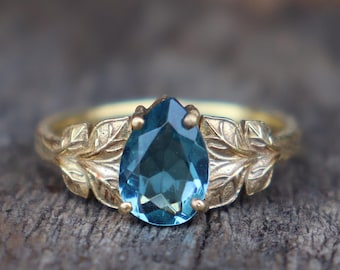 Genuine Blue Topaz Ring, 925 Solid Sterling Silver, London Blue Topaz Quartz Gemstone Ring, Rose Gold, 22K Yellow Gold Ring, Nature Inspired