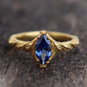 Anillo de zafiro azul con diseño de hojas Art Déco, zafiro creado en laboratorio, marquesa, chapado en oro, hoja de plata, hojas de inspiración natural, hecho a mano.