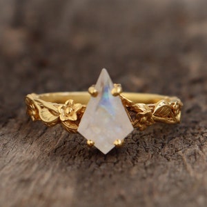 Nature Inspired Genuine Moonstone Wedding Ring, Anniversary Gift for Women, Engagement Kite Moonstone Stacking Ring, 14K Gold Plated Ring