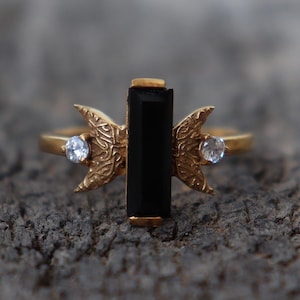 Vintage Black Onyx Ring, Celestial Half Moon Ring, Baguette Gemstone Ring, Birthstone Jewelry, Christmas Gifts, Gold Filled 925 Silver Ring