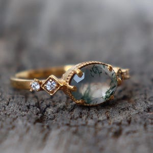 Genuine Moss Agate 14K Gold Ring, Wedding Ring, Cluster Engagement Ring, Anniversary Gift For Women, Promise Ring For Her, Gift Ring