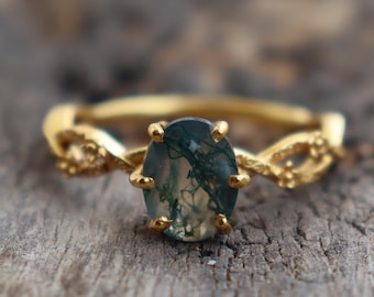 Vintage  Moss Agate Oval Cut Ring, 925 Sterling Silver Green Engagement Ring, Unique Anniversary Ring, Nature Birthday Gift Ring, Women Gift