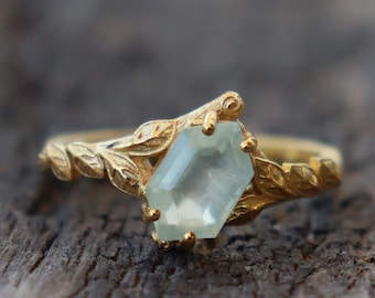 Natural Prehnite Nature Inspired Silver Gemstone Ring, 925 Sterling Silver Tree Leaf Desgine Ring, Handmade Hexagon Gemstone Ring, Gift Ring