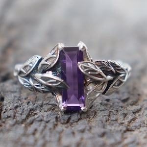 Nature Inspired Amethyst Leaf Branch Ring, Handmade Art Deco Ring, 925 Sterling Silver Ring, Bar Leaves Gemstone Ring, Wedding Ring
