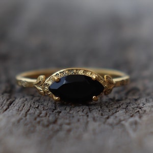 925 Silver Genuine Black Onyx Women's Ring ~ Marquise Onyx 14k Gold Plated Ring ~ Wedding Proposal Gift For Her ~ Dainty Promise Ring ~
