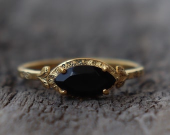 925 Silver Genuine Black Onyx Women&#39;s Ring ~ Marquise Onyx 14k Gold Plated Ring ~ Wedding Proposal Gift For Her ~ Dainty Promise Ring ~