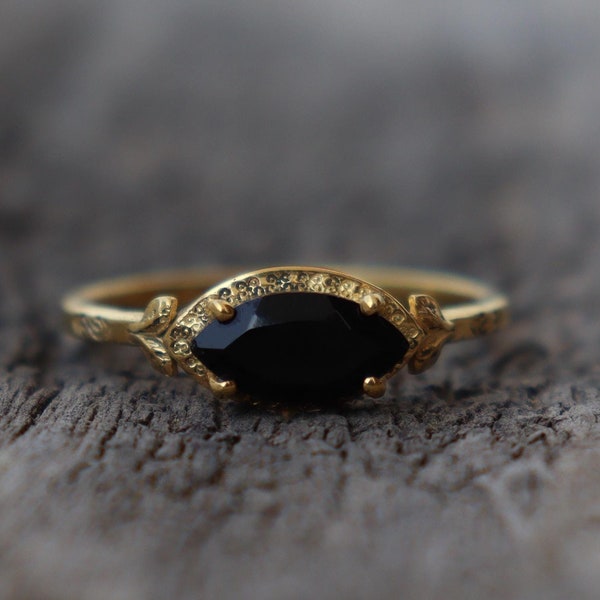925 Silber echter schwarzer Onyx Frauenring ~ Marquise Onyx 14k vergoldeter Ring ~ Hochzeitsvorschlag Geschenk für Sie ~ zierlicher Versprechensring ~