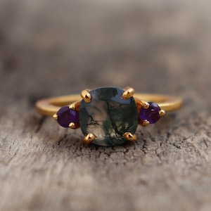Äkta mossagat guld vermeil 925 sterlingsilverring, handgjorda smycken, solitärring, vigselring, födelsedagspresentring för kvinnor