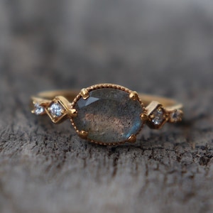Unique Art Deco Labradorite Engagement Ring, Natural Labradorite Ring, Bridal Promise Ring, Anniversary Wedding Ring Gift for Women