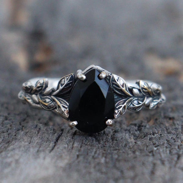 Anillo de compromiso de ónix negro auténtico, anillo de ónix, anillo de compromiso nupcial inspirado en la naturaleza, regalo de aniversario de boda para mujer.