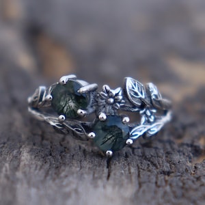 Round-Cut Moss Agate Ring, Celestial Nature 925 Sterling Silver Ring, Leaves Ring, Wedding Rings, Anniversary Ring Silver Flower Ring