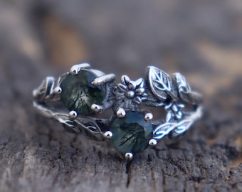 Round-Cut Moss Agate Ring, Celestial Nature 925 Sterling Silver Ring, Leaves Ring, Wedding Rings, Anniversary Ring Silver Flower Ring