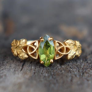 Genuine Peridot Ring, 18K Gold Vermeil Ring, 925 Sterling Silver Nature Leaf Knot Ring, Handmade Wedding Anniversary Engagement  Ring