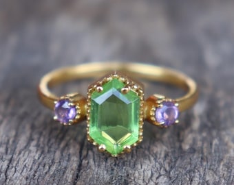 Natural Hexagon Peridot Ring, 14K Gold Ring, Statement Ring, Engagement Ring, Amethyst Ring, August Birthstone, Anniversary Gift for Her