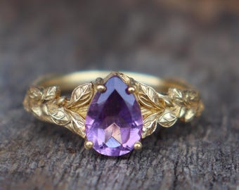 Vintage Amethyst 14K Gold Ring, Nature Inspired Ring, Leaf Ring, Branches Ring, Promise Ring, Gift Ring, Wedding Ring, Women Jewellery
