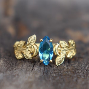 Nature Leaves Inspired Blue Topaz Silver Ring, 14K Gold Vermeil Engagement Ring, Women&#39;s Dainty Topaz Gift Ring, Wedding Gift Ring For Her