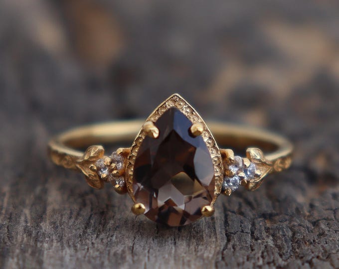Genuine Smoky Quartz Ring, Nature Inspired Silver Ring, 925 Sterling Silver Gold Ring, Quartz Gemstone Ring, Tree Leaves Ring, Gift Ring